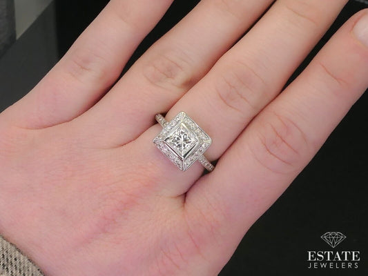 Estate 14k White Gold Princess 1.33ct Diamond Halo Engagement Ring 5.1g i12501