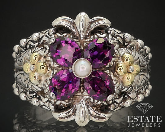 Estate 18k & Sterling 925 Rhodolite Garnet Flower Barbara Bixby Ring 14g i12776