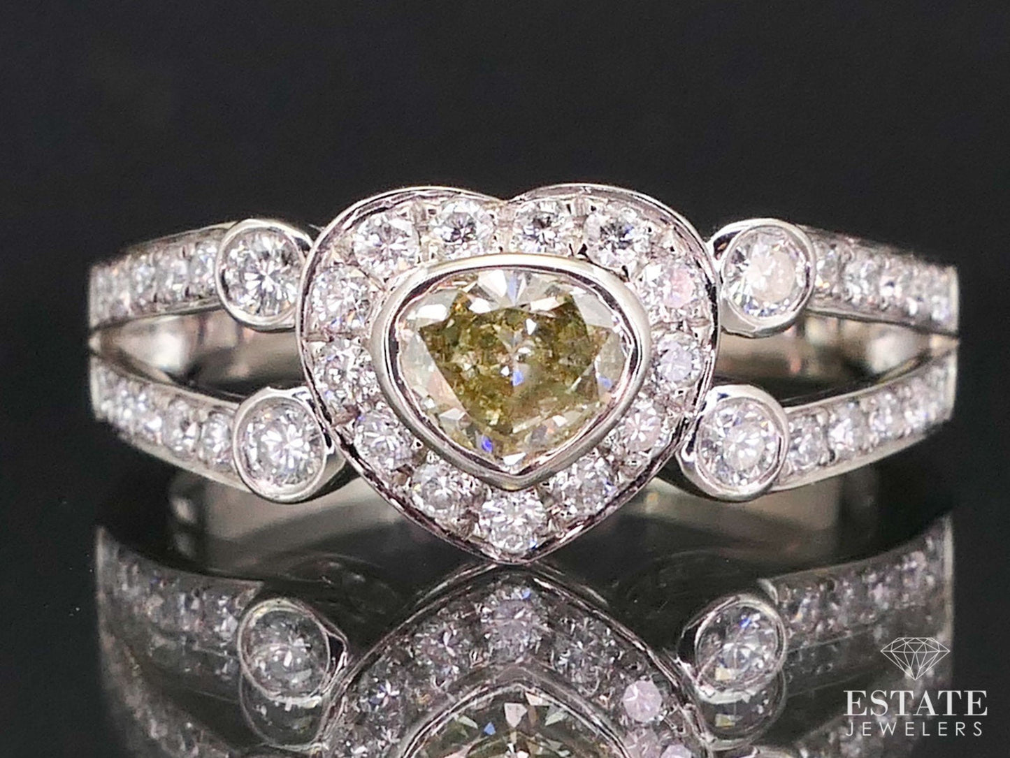 18k White Gold .83ctw Fancy Yellow Diamond Heart Engagement Ring 4.9g i13291
