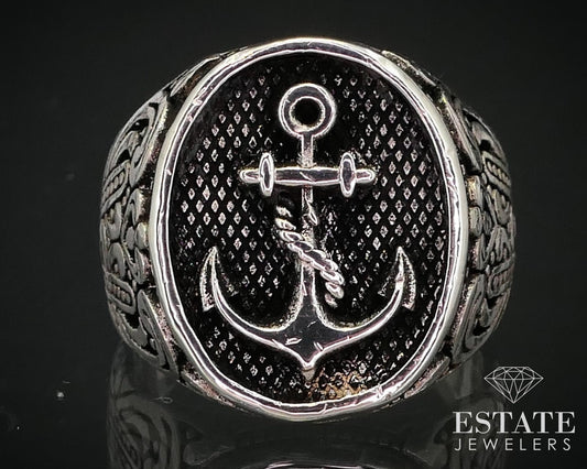 Estate Sterling Silver Open Scroll Anchor Mens Band Ring 15.2g i13978