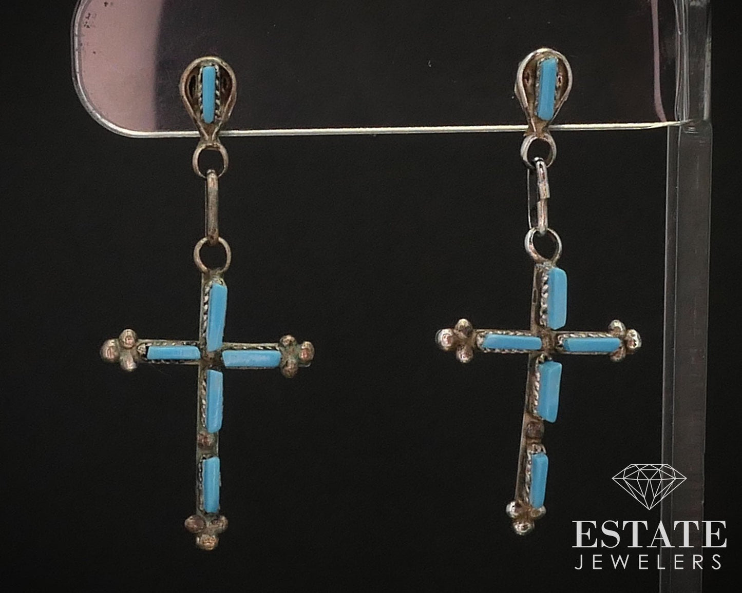 Vintage Sterling Natural Turquoise Cross Needlepoint Zuni Earrings 2.9g i14154