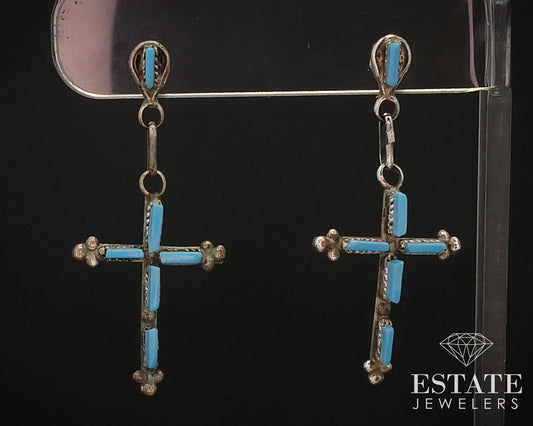 Vintage Sterling Natural Turquoise Cross Needlepoint Zuni Earrings 2.9g i14154