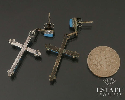 Vintage Sterling Natural Turquoise Cross Needlepoint Zuni Earrings 2.9g i14154