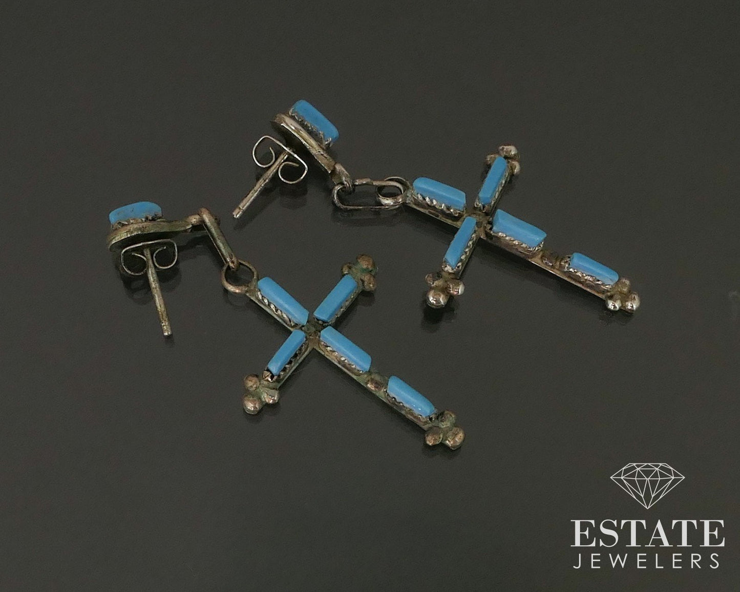 Vintage Sterling Natural Turquoise Cross Needlepoint Zuni Earrings 2.9g i14154