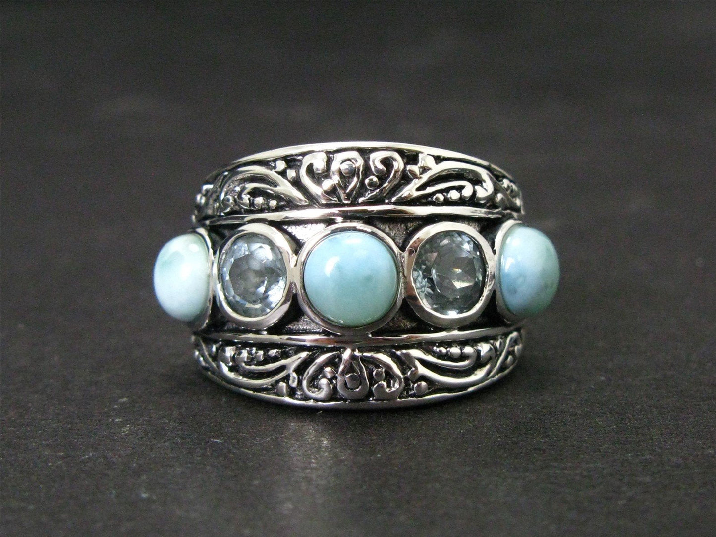 Sterling Silver Natural Natural Larimar & Blue Topaz Band Ring 7.9g i14220