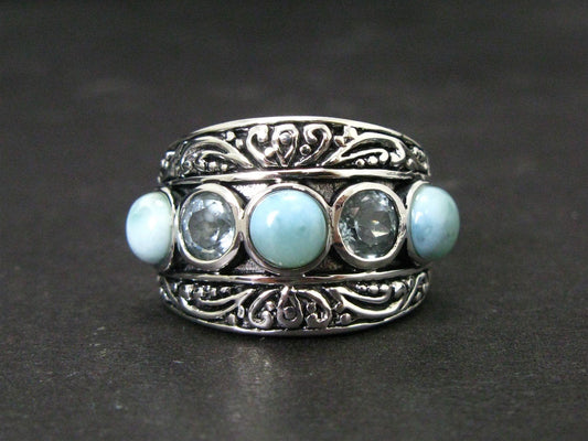 Sterling Silver Natural Natural Larimar & Blue Topaz Band Ring 7.9g i14220