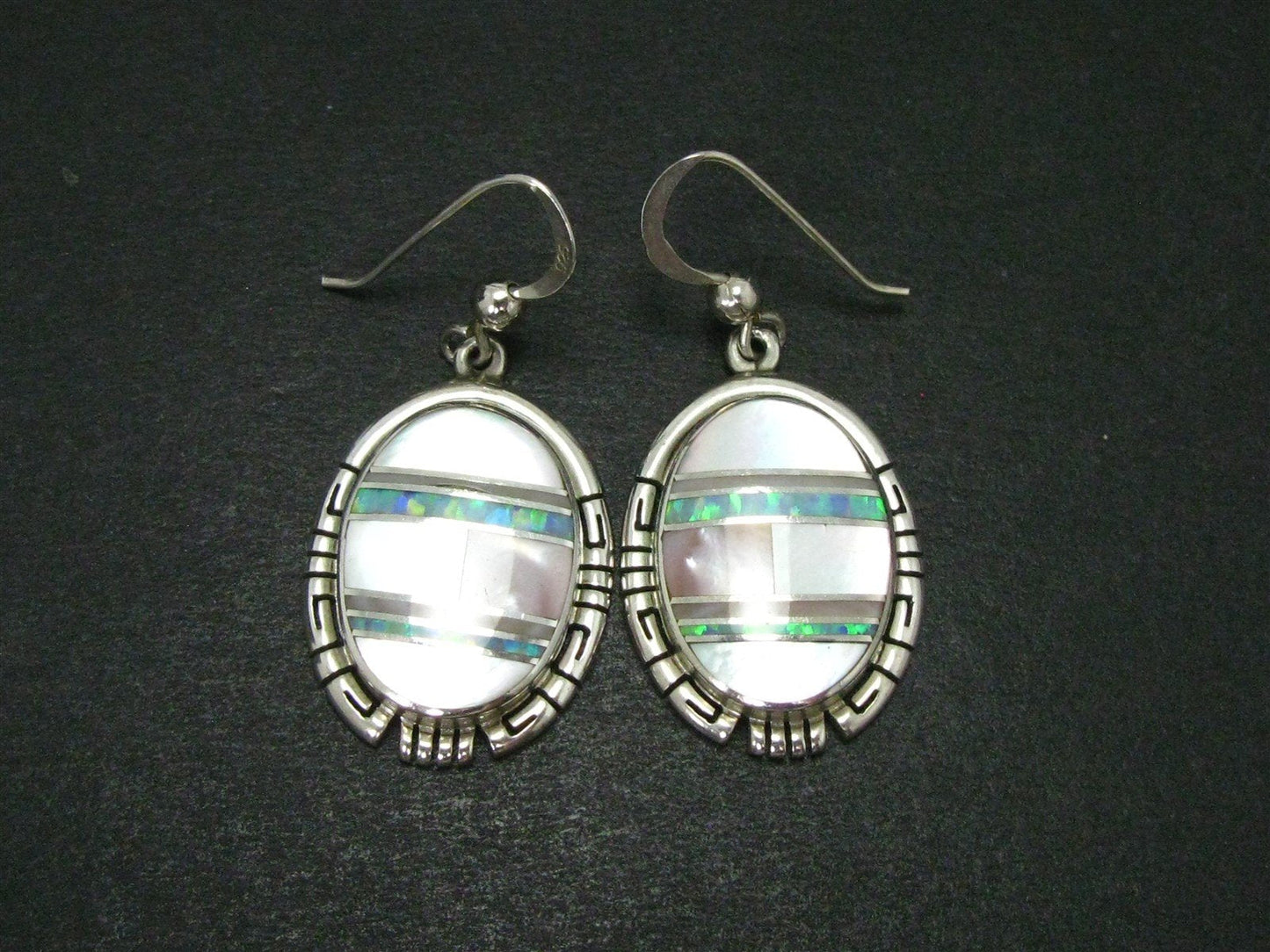 Vintage Sterling Navajo AL FUSON Natural MOP & Opal Dangle Earrings 8.9g i14214