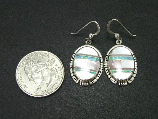 Vintage Sterling Navajo AL FUSON Natural MOP & Opal Dangle Earrings 8.9g i14214