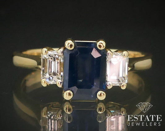 18k Yellow Gold Natural 1.10ct Blue Sapphire & Diamond Ring 3.6g i14162
