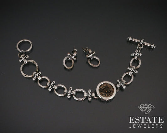 Vintage Sterling Brass Coin Oval Link Bracelet & Earrings Set 28.3g i14372