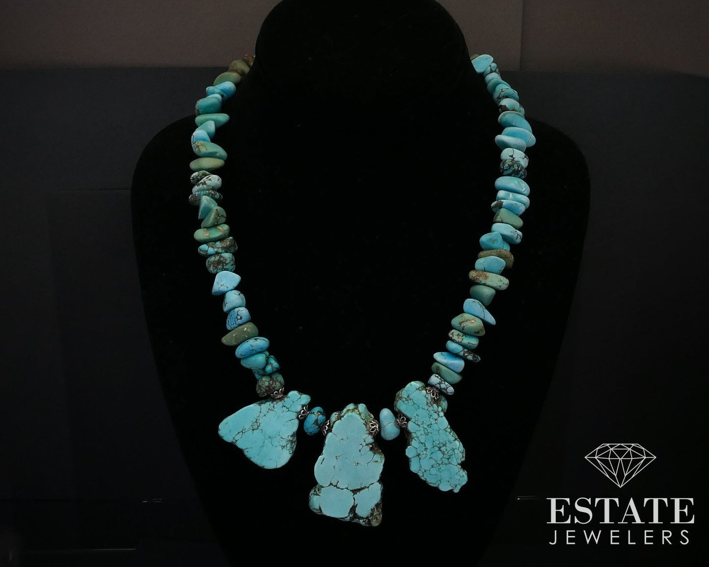 Vintage Sterling Natural Turquoise Chunky Beaded Necklace 20"L i14357