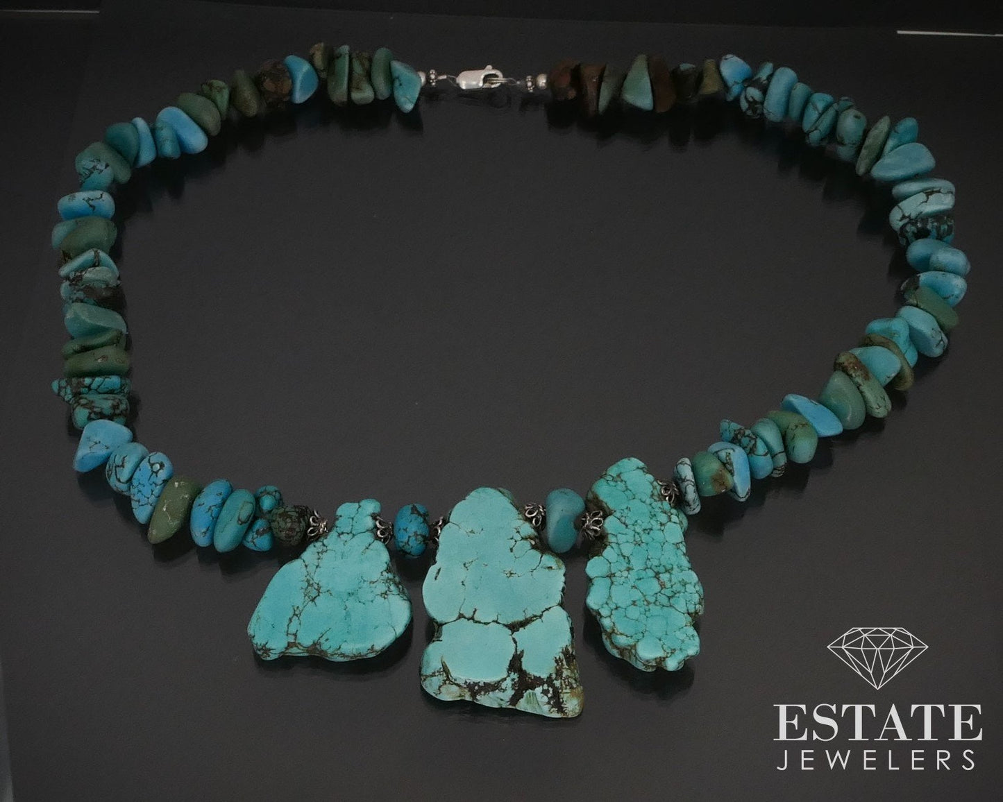 Vintage Sterling Natural Turquoise Chunky Beaded Necklace 20"L i14357