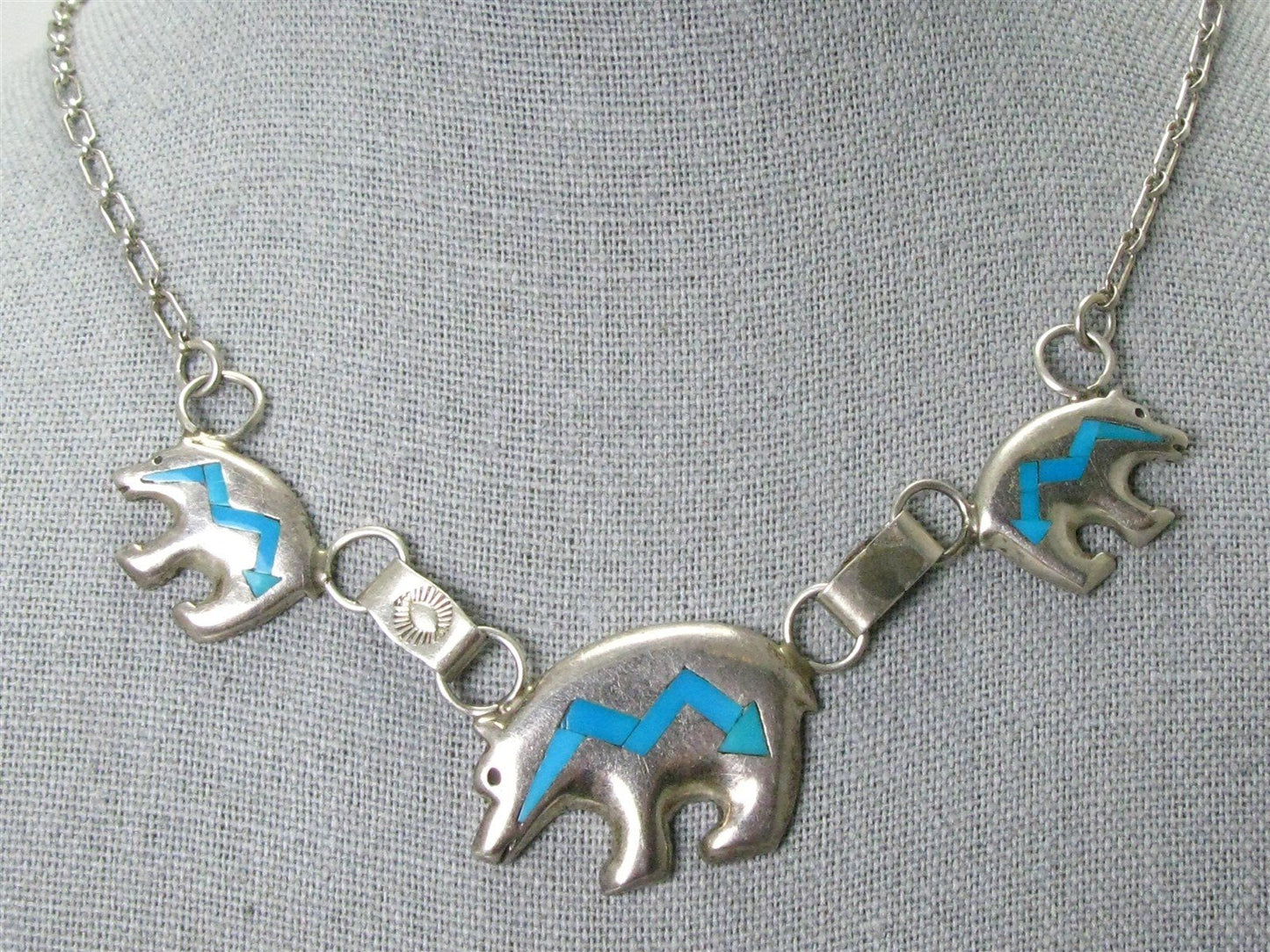 Vintage Sterling Tom David Turquoise Navajo Heartline Bear Necklace 22g i14479
