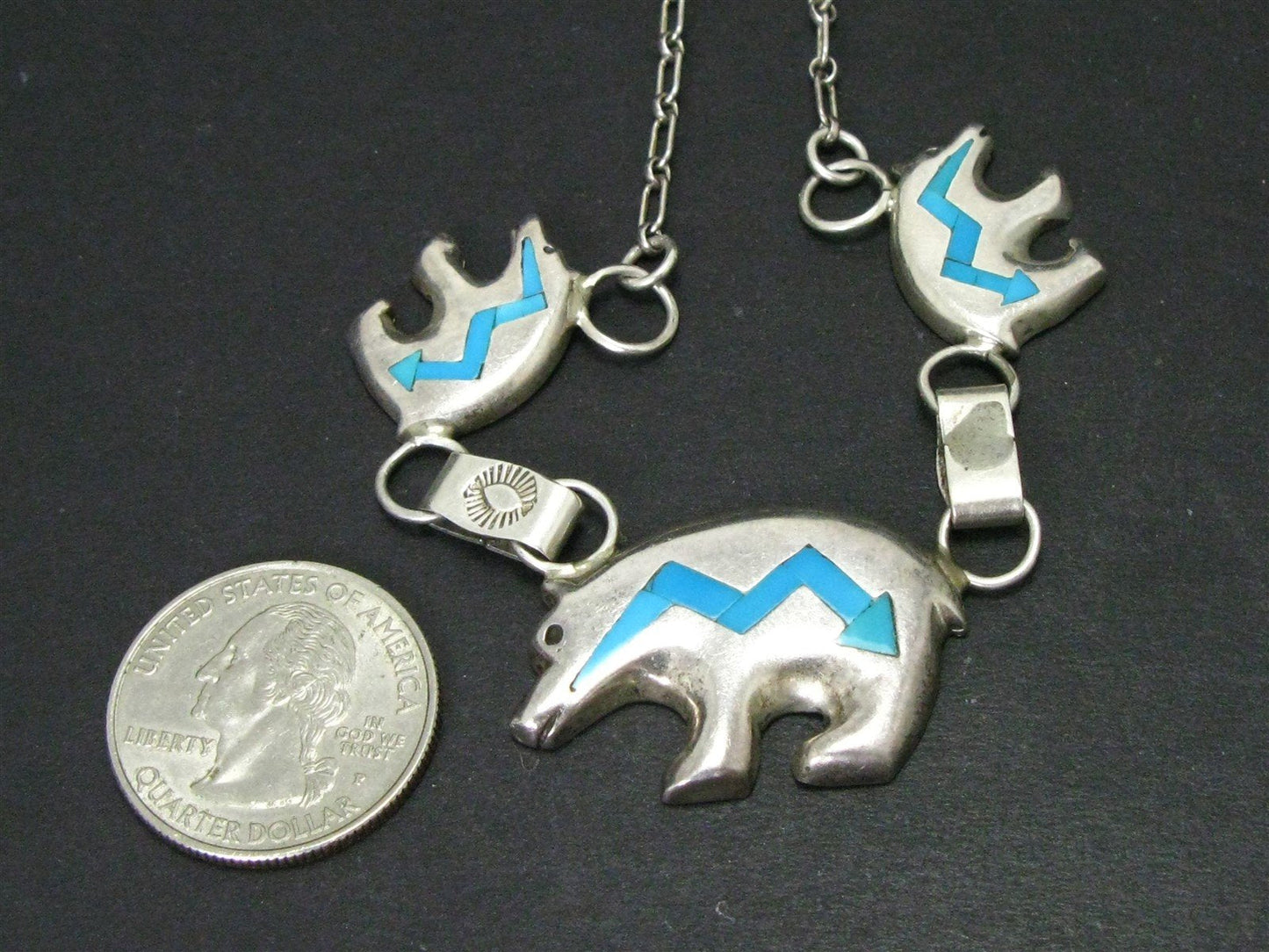 Vintage Sterling Tom David Turquoise Navajo Heartline Bear Necklace 22g i14479