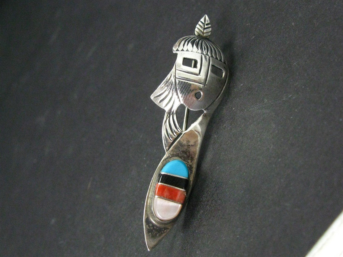 Vintage Sterling Jerry Johnson Navajo Multi Gem Mask Tribal Pin Brooch 4g i14572