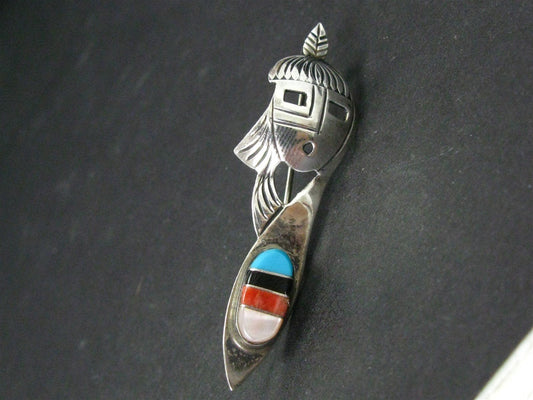 Vintage Sterling Jerry Johnson Navajo Multi Gem Mask Tribal Pin Brooch 4g i14572