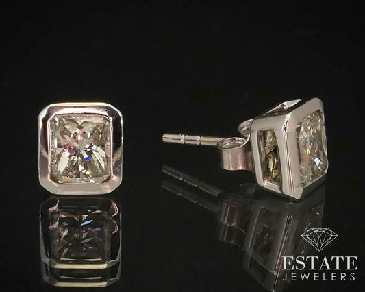 14k White Gold Radiant Cut 1.50ctw Natural Diamond Bezel Stud Earrings i14798