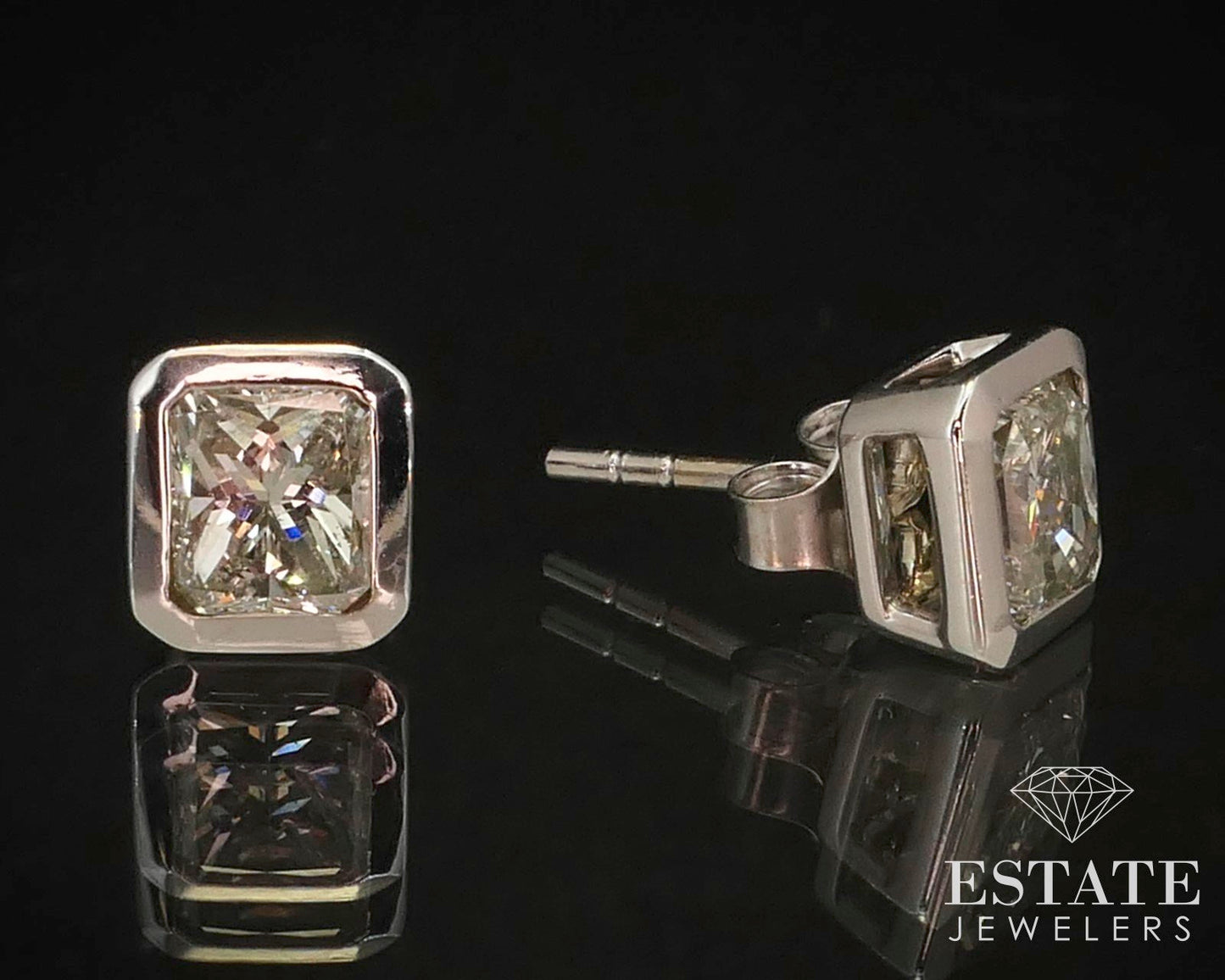 14k White Gold Radiant Cut 1.50ctw Natural Diamond Bezel Stud Earrings i14798