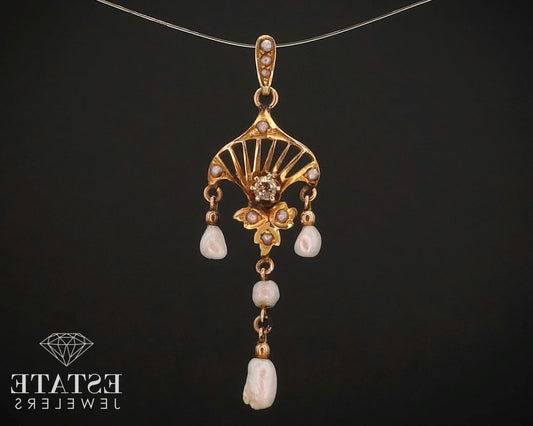 Antique Victorian 14k Yellow Gold Diamond & Seed Pearl Lavalier Pendant i14896