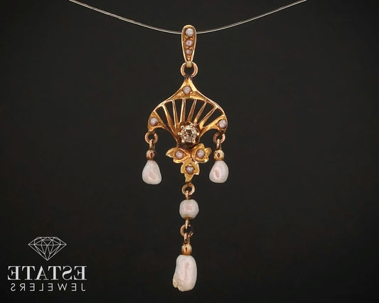 Antique Victorian 14k Yellow Gold Diamond & Seed Pearl Lavalier Pendant i14896