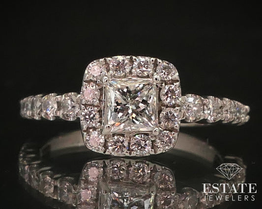 14k White Gold Princess Natural .90ctw Diamond Halo Engagement Ring 2.7g i9598