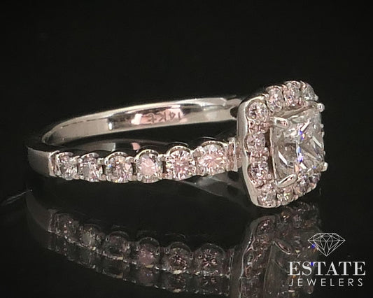 14k White Gold Princess Natural .90ctw Diamond Halo Engagement Ring 2.7g i9598