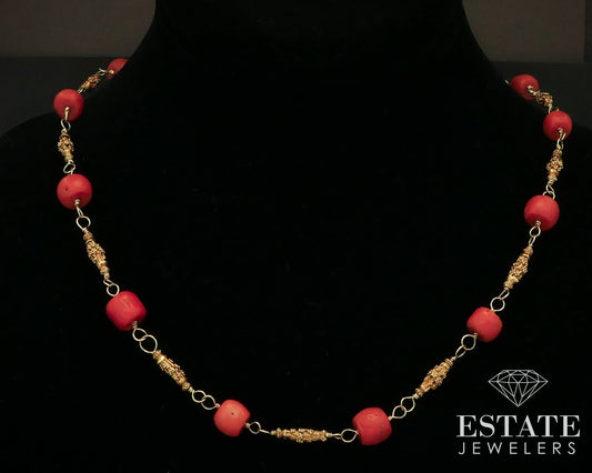 Antique 22k & 18k Yellow Gold Natural Coral Beaded Necklace 27.3g 22"L i15058