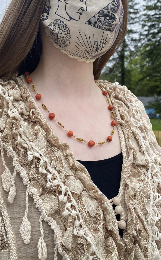 Antique 22k & 18k Yellow Gold Natural Coral Beaded Necklace 27.3g 22"L i15058