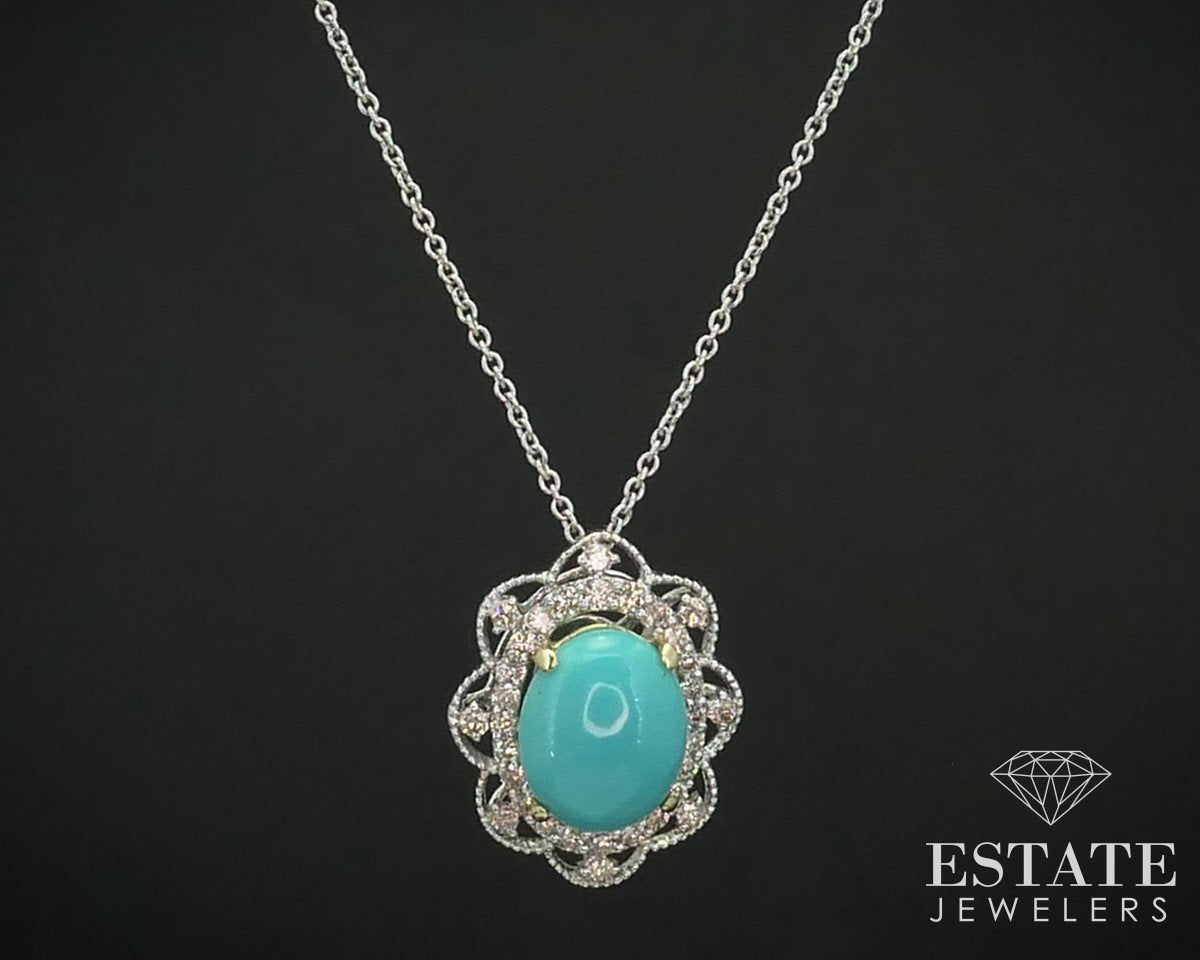 14K White Gold Natural Turquoise & Diamond Ladies Necklace 5.7g 20"L i15097