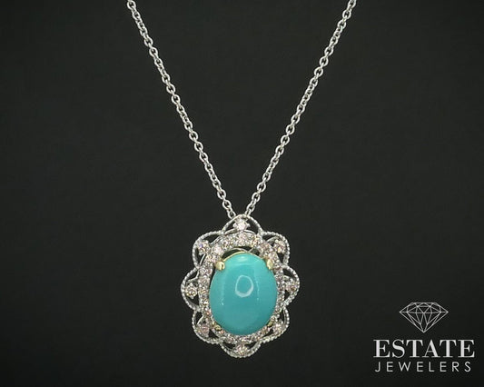 14K White Gold Natural Turquoise & Diamond Ladies Necklace 5.7g 20"L i15097