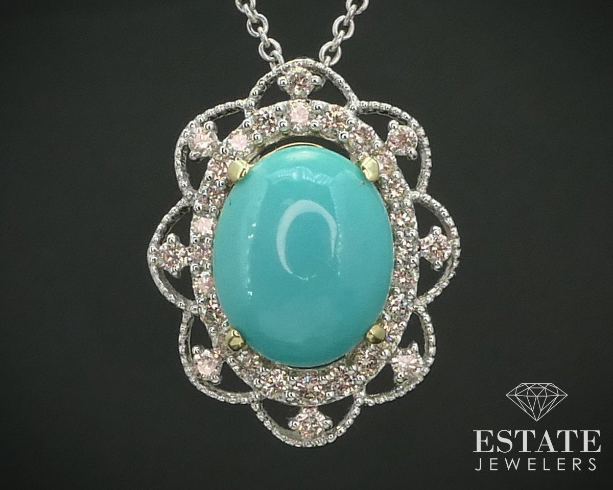 14K White Gold Natural Turquoise & Diamond Ladies Necklace 5.7g 20"L i15097