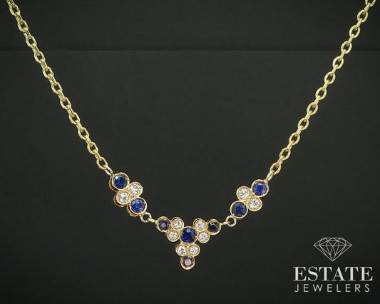 18k Yellow Gold Natural Blue Sapphire & Diamond Station Necklace 9.4g i15107