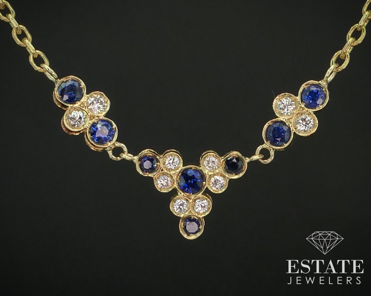 18k Yellow Gold Natural Blue Sapphire & Diamond Station Necklace 9.4g i15107