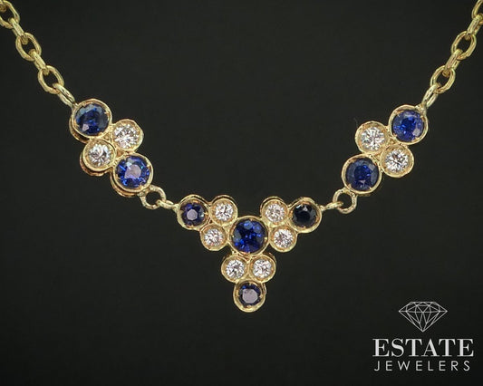 18k Yellow Gold Natural Blue Sapphire & Diamond Station Necklace 9.4g i15107