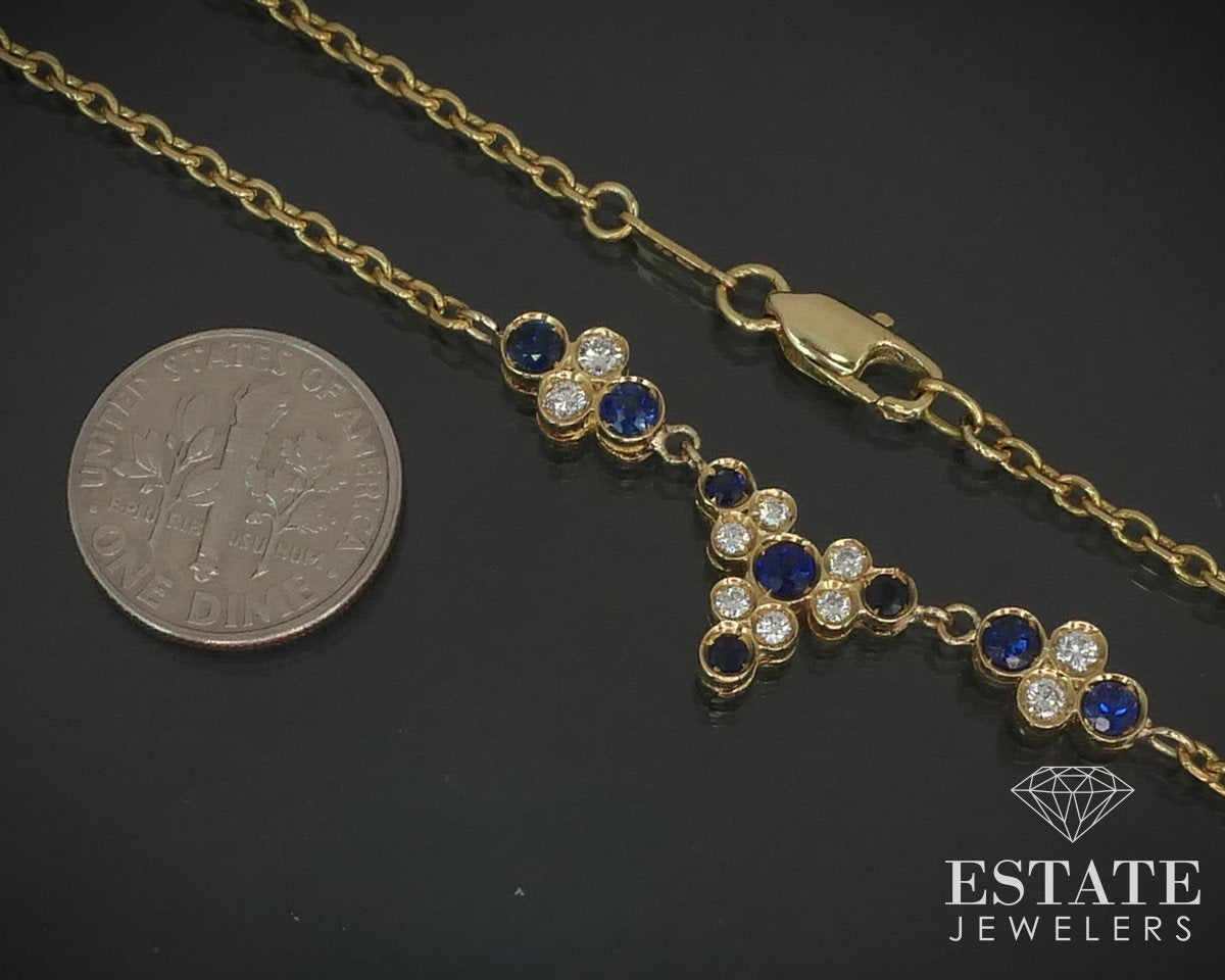 18k Yellow Gold Natural Blue Sapphire & Diamond Station Necklace 9.4g i15107