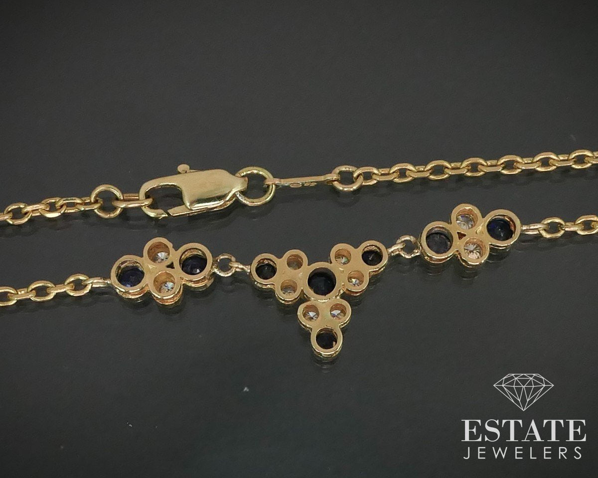 18k Yellow Gold Natural Blue Sapphire & Diamond Station Necklace 9.4g i15107