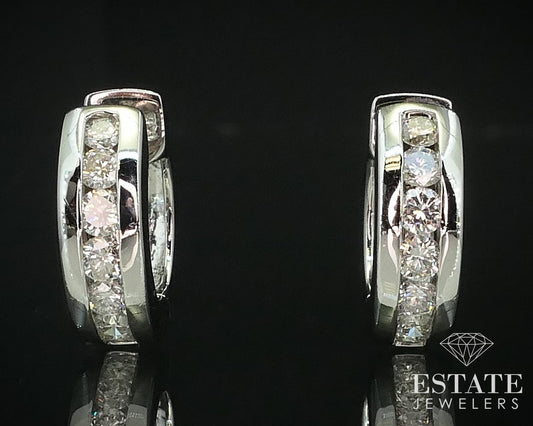 14k White Gold Round Natural 1.00ctw Diamond Huggie Hoop Earrings 6.3g i15151