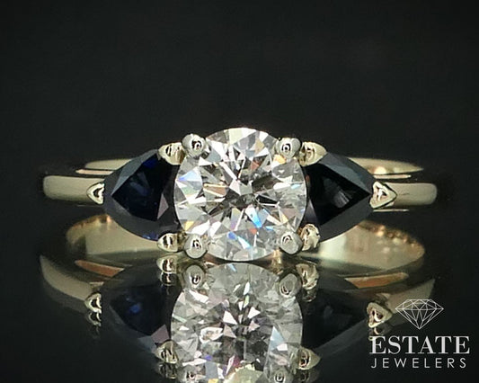 14k Yellow Gold .69ct Round Diamond & Blue Sapphire Engagement Ring 2.8g i15216