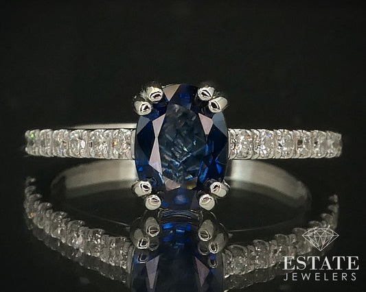 14k White Gold Natural Oval Blue Sapphire & Diamond Ring 2.8g i15230