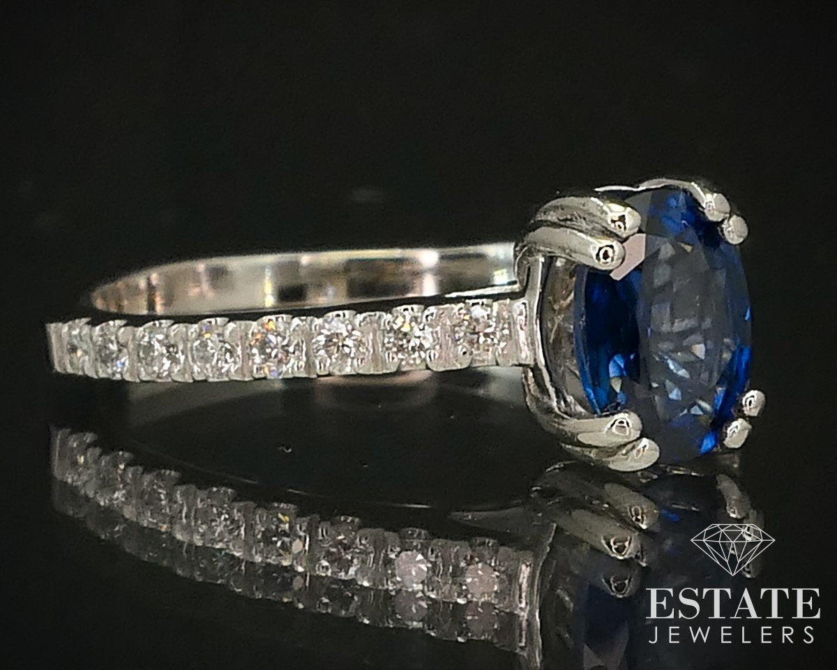 14k White Gold Natural Oval Blue Sapphire & Diamond Ring 2.8g i15230