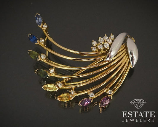 18k Yellow Gold Multicolor Sapphire Diamond Rainbow Brooch 10.1g i15242
