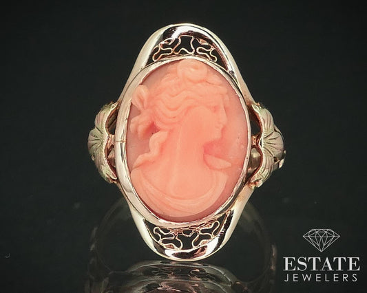 Antique 10k Yellow Gold Natural Coral Cameo Filigree Ladies Ring 4.4g i15256
