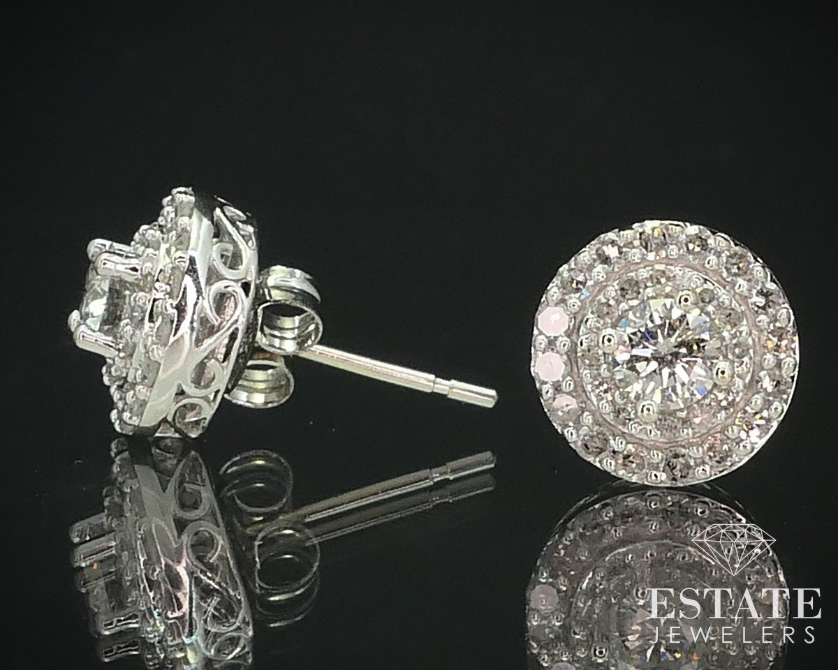 14k White Gold Round Natural 1ctw Diamond Button Halo Stud Earrings 2.4g i15261