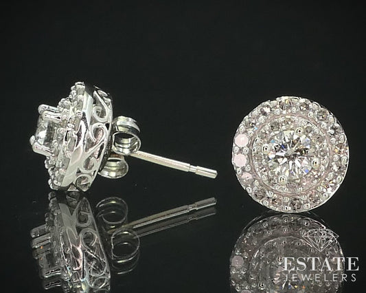 14k White Gold Round Natural 1ctw Diamond Button Halo Stud Earrings 2.4g i15261