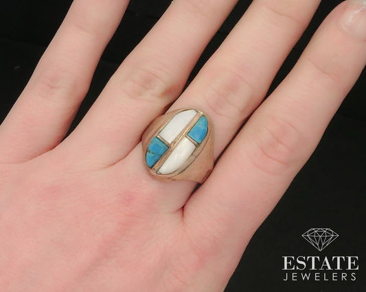 Vintage Sterling Silver Navajo Natural Turquoise & MOP Mens Ring 9g i15327
