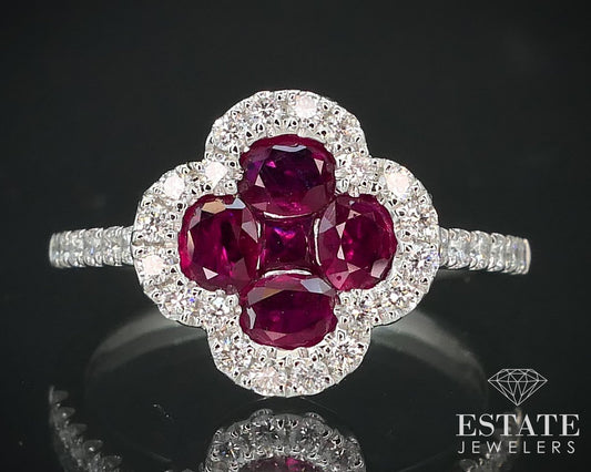 14k White Gold 1.18ctw Natural Ruby & Diamond Halo Flower Ring 3.4g p60936