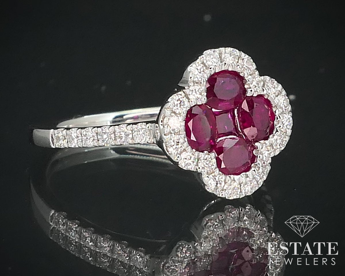 14k White Gold 1.18ctw Natural Ruby & Diamond Halo Flower Ring 3.4g p60936