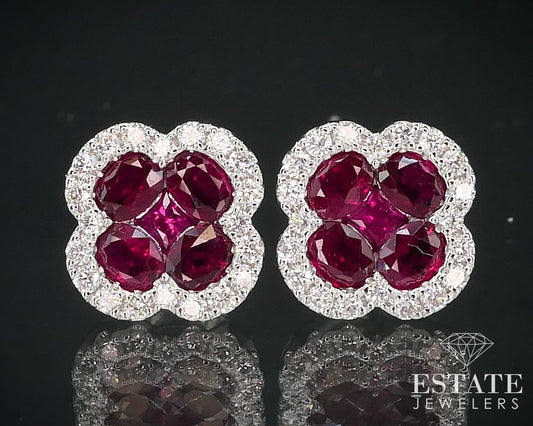 14k White Gold 2.36ctw Natural Ruby & Diamond Flower Stud Earrings 4g i15306