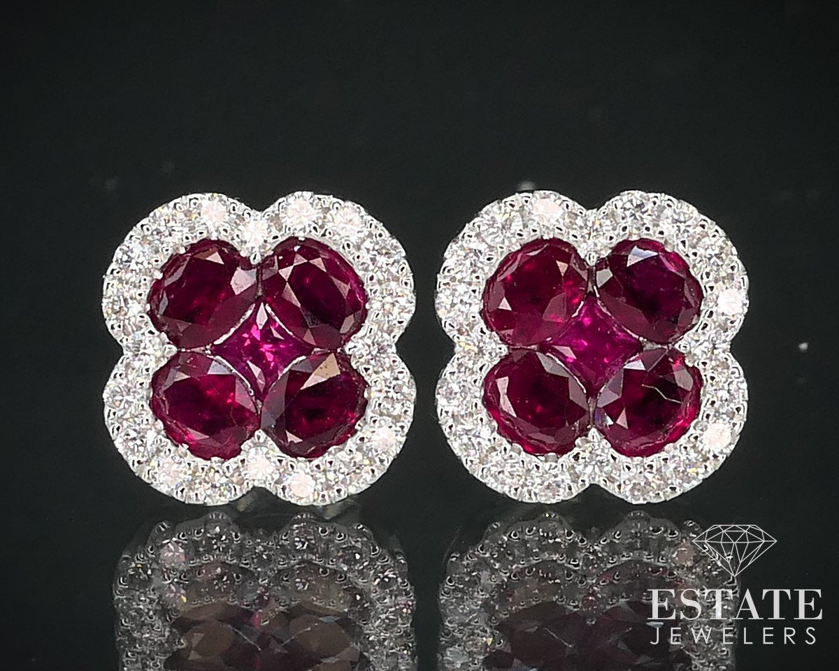 14k White Gold 2.36ctw Natural Ruby & Diamond Flower Stud Earrings 4g p61056
