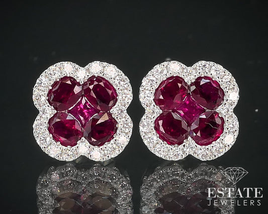 14k White Gold 2.36ctw Natural Ruby & Diamond Flower Stud Earrings 4g p61056